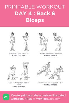 the printable workout poster shows how to do back and biceps for women