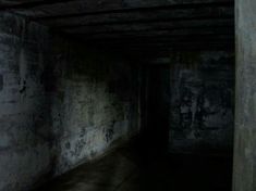 a dark tunnel with concrete walls and graffiti on the walls is lit by a single light