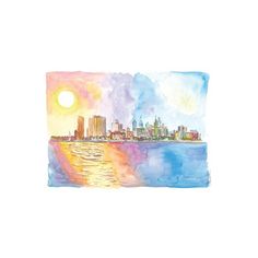 a watercolor painting of a city skyline with the sun in the sky above it