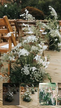 white flowers and greenery are arranged on a wooden deck