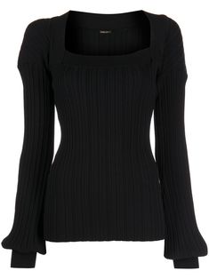 jet black crepe texture fine knit ribbed detailing square neck long sleeves Rich Clothes, Aesthetic Collection, Soft Dramatic, Adam Lippes, Baggy Clothes, Airport Fashion, Pretty Clothes, Jonathan Simkhai, Knitted Top