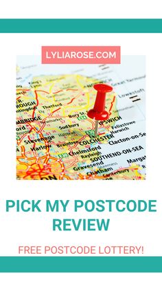 a map with the words pick my postcode review and a red pin on it