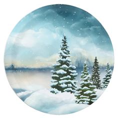 a painting of snow covered trees on a plate