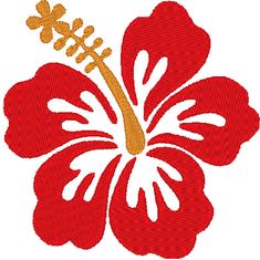 a red and white flower with gold accents on the center is embroidered onto a white background