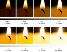 multiple images of a candle being lit with different lighting modes and stages to change from yellow to red