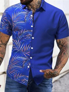 Men Tropical Print Shirt Royal Blue Boho  Short Sleeve Fabric Tropical Shirt Non-Stretch Summer Men Clothing, size features are:Bust: ,Length: ,Sleeve Length: Blue Casual Collar Shirt For Vacation, Blue Short Sleeve Shirt With Casual Collar For Spring, Blue Long Sleeve Hawaiian Shirt For Spring, Tropical Print Shirt, Tropical Shirt, Printed Shirts Men, Azul Real, Tropical Shirts, Men Shirts