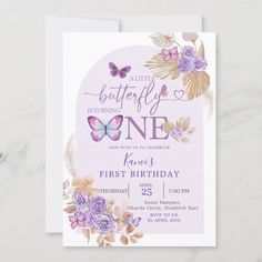 the first birthday party card features purple flowers and butterflies on it, along with a white envelope