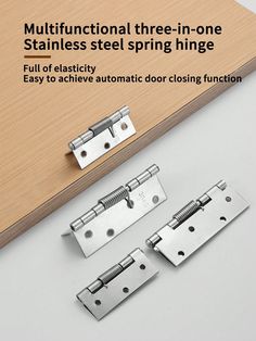 two stainless steel spring hinges on top of a wooden table with text that reads, multifunctional three - in - one stainless steel spring hinges