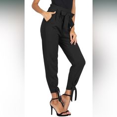 Grace Karin Women's Casual Pants High Waist Self Tie Belted Pencil Trouser With Ankle Bow Accents. Solid Black. Women's Size Large. Paper Bag Style Elastic Waist. New Without Tags. Rise Measures Approx. 14.5 Inches Inseam Measures Approx. 26 Inches Soft Fabric & Comfy Casual Pants For All Seasons. A Must Have In Your Wardrobe, Can Be Worn With Multiple Looks, Keeping You Stylish All Day Long. Features - Cropped Length(9/10) Pencil Pants / Back Waist Is Elastic / With Belt-Fitted Loops, Matched B Summer Business Casual Outfits, Paper Bag Pants, Pants For Work, Bag Pants, Business Casual Summer, Paperbag Pants, Dressy Pants, Perfect Pant, Pants With Pockets