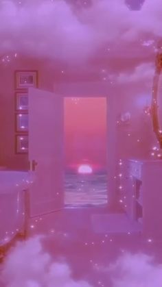 a bathroom with an open door leading to the ocean at sunset or dawn, and clouds floating in the bathtub