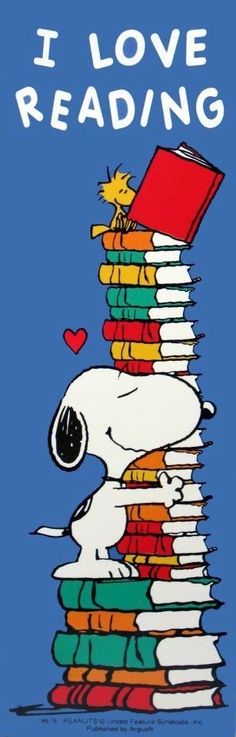 i love reading snoopy with books stacked on top of each other