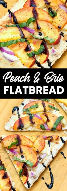 peach and brie flatbread pizza with black olives, onions, and peppers