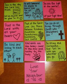 colorful post it notes with words written on them and some writing on the back of each note