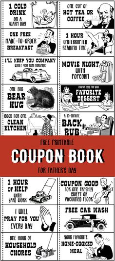 the coupon book for father's day is shown in black and white with red lettering