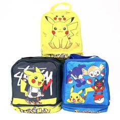 three bags with different designs on them, one has pikachu and the other has eebi