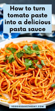 Plate of pasta with red sauce garnished with herbs. Spaghetti With Tomato Paste, Marinara Sauce From Tomato Sauce, How To Make Pasta Sauce With Tomato Paste, Pasta Sauce Tomato Paste, Homemade Pasta Sauce With Tomato Paste, Tomatoe Paste Pasta Sauce, Marinara Sauce From Tomato Paste, Tomato Paste Into Sauce, Tomatoe Paste Into Sauce