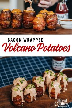 bacon wrapped volcano potatoes on a cutting board