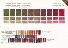 the color chart shows different shades of red, green and brown with white writing on it