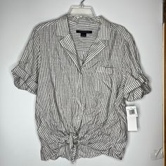 Nwt French Connection Womens Stiped Button Down Shirt Ties Waist Gray White L Lg 1 Front Pocket; Full Button Down Front; Short Sleeve With Cuff; Extra Button; Ties At The Waist New With Tags; End Of Season Shelf Pull From Bloomingdales - Save Money With This Great Item! Approx Measurements Bust: 46" Length: 25" Bundle For Additional Savings. Blm250456284duqu-04/22 P11 (Ob) @Womens @Misses @New @Nwt @Bloomies @Bloomingdales @Womens @Designer @Frenchconnection @ 9 Oz Casual Pinstripe Button-up Tops, Casual Pinstripe Tops With Button Closure, Casual Pinstripe Collared Blouse, Casual Pinstripe Shirt With Buttons, Leather Peplum Tops, Leather Peplum, Gingham Tops, Tank Top Dress, Leopard Print Blouse