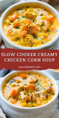 two bowls of slow cooker creamy chicken corn soup