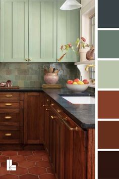 kitchen colors, color finds, kitchen design, interior design, interior colors, color selections, kitchen color combinations, kitchens, Paint Colors With Terra Cotta Tile, Green Kitchen With Oak Cabinets, Terra Cotta Floors Kitchen, Terracotta Kitchen Ideas, Terracotta Floor Kitchen Color Schemes, One Color Kitchen, Terra Cotta Kitchen Cabinets, Terra Cotta Tile Kitchen, Green And Terracotta Kitchen