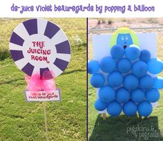 some balloons are in the grass and one is on top of a sign that says the juicing room