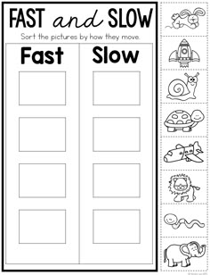 the printable worksheet for fast and slow with pictures to help students learn how to