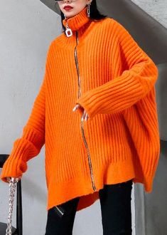 Winter orange knit tops trendy plus size high neck zippered knit blouse - SooLinen Orange Knit Sweater Outfit, Orange Knit Sweater, Winter Orange, Chic Black Outfits, Long Sweaters For Women, Fall Sweater Dress, Plain Sweaters, Orange Knit, Tops Trendy