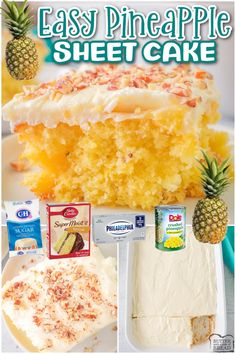 pineapple sheet cake with white frosting and pineapples on top, surrounded by other ingredients