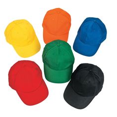 six different colors of baseball caps on a white background