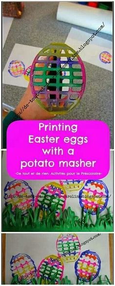 an easter egg with a potato masher made out of paper and colored crayons