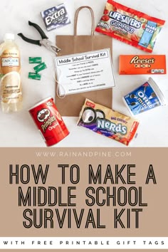 the middle school survival kit with free printable gift tags and instructions to make a middle school survival kit