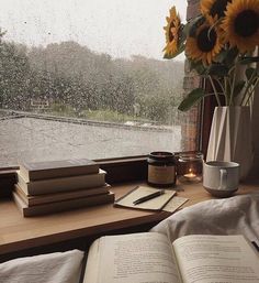 an open book sitting on top of a window sill next to a vase filled with sunflowers