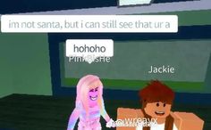 an animated image of two people standing next to each other in front of a sign that says, i'm not santa, but i can still see that u