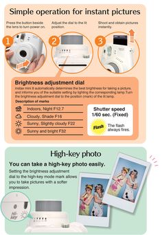 the instructions for how to use an instant photo camera info sheet with pictures on it