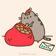 a cat sitting in front of a red bag with cookies on it's belly