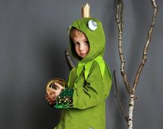 a little boy dressed in a frog costume holding a basket and looking at the camera