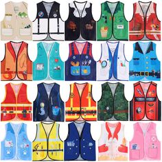 an assortment of different colored vests with pictures on the front and back of them