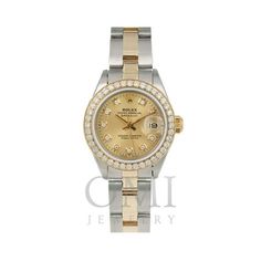 Model - Rolex Lady-Datejust Reference Number - 6917 Movement  Automatic Bezel - Yellow Gold Custom Diamond Bezel Total Carat Weight - 0.90 CT Dial  Champagne Custom Diamond Dial Case Size  26mm Crystal - Scratch-resistant Sapphire Crystal Bracelet - Stainless Steel and Yellow Gold Oyster Bracelet Gender  Women's Box - Rolex Box Size: One Size.  Color: Metal Type.  Gender: female.  Age Group: adult. Rolex Diamond, Buy Rolex, Women Boxing, Oyster Bracelet, Champagne Diamond, Bezel Diamond, Diamond Watch, Crystal Bracelet, Sapphire Crystal