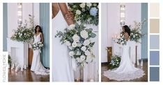 a woman in a wedding dress standing next to a flower arrangement and holding a bouquet