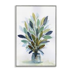 a watercolor painting of leaves in a glass vase