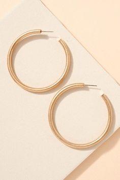 Round metal open hoop earrings. Approx: 2.5" Material: Brass, Gold plated, Lead Compliant, Nickle Free Open Hoop Earrings, Brass Gold, Gold Hoop, Matte Gold, Rhodium Plated, Gold Bracelet, Gold Plate, Bangles, Hoop Earrings