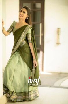 Green Dhavani Set, Cotton Half Saree South Indian, Ival Halfsaree, Georgette Half Saree Designs, Pavadai Thavani Design, Half Saree Ideas Simple, Kerala Half Saree Designs, Georgette Half Saree, Pavadai Thavani