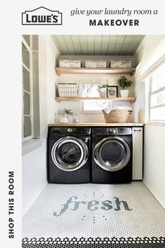 a washer and dryer in a small room with open shelving on the wall