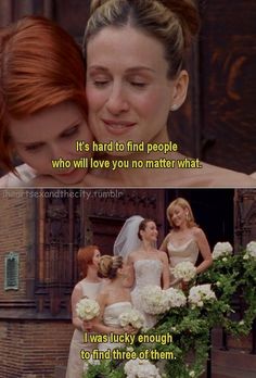 two women in wedding dresses hugging each other and one has her face close to the camera