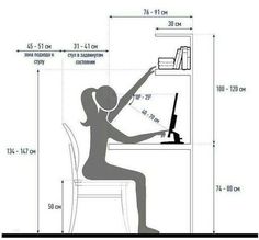 a person sitting at a desk with a computer in front of them and measurements for the height