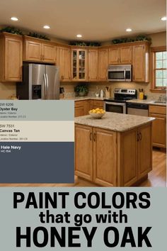 a kitchen with brown cabinets and white counter tops is featured in an advertisement for paint colors that go with honey oak