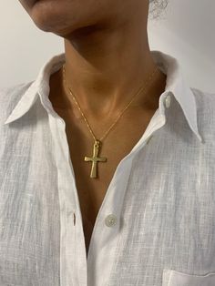 Gold Men's Cross Necklace made of Gold Vermeil: 18k Gold over Solid 925 Sterling Silver ☞ made to last.Matching Ring & Matching Earrings - please ask meDetails:• Gold Men's Cross Necklace• Dimensions: Pendant Height 40mm, Width 21mm• Free Complimentary Chain• 18k Gold VermeilSKU TE-121 Timeless Sterling Silver Cross Jewelry, Classic Hallmarked Pendant Jewelry, Timeless Figaro Chain Jewelry As A Gift, Formal Figaro Chain Pendant Jewelry, Formal Jewelry Pendant With Figaro Chain, Gold Crucifix Jewelry Stamped 14k, Yellow Gold Plated Crucifix Jewelry, 14k Gold Crucifix Jewelry, Sterling Silver Yellow Gold Figaro Chain Jewelry