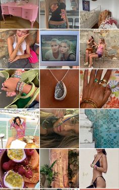 the collage shows many different pictures of women in bikinis and jewelry, including one woman