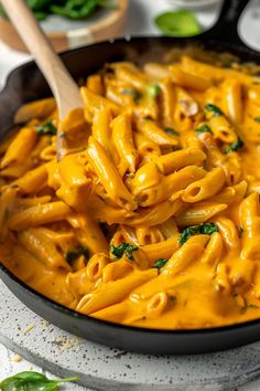 a skillet filled with macaroni and cheese